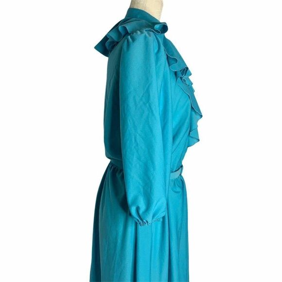 Vintage Key Hole Ruffle Midi Dress M Blue - Picture 4 of 10